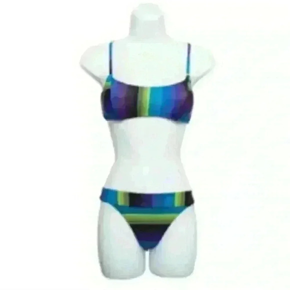👙 Striped Bikini True To Size Boutique Brand Blue Purple and Green - Picture 3 of 4